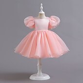 abordables Robes de fête-Tout-petit Fille Robe de Soirée Couleur Unie Manche Courte Performance Manche Gigot Mignon Princesse Polyester Mi-long Été Printemps 3-7 Ans Noir Blanche Rose Claire