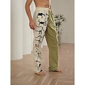 baratos Lar-Homens splicing Calças de linho Calça verão Calças de praia Cintura Média Vintage Estilo Clássico Casual Diário Feriado Com Cordão Cintura elástica Impressão 3D Primavera Verão Impressão 3D Azul