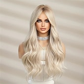 voordelige Synthetische trendy pruiken-synthetische pruik krullend middendeel pruik lang blond synthetisch haar dames modieus ontwerp natuurlijk gemakkelijk mee te nemen blonde kerstfeestpruiken