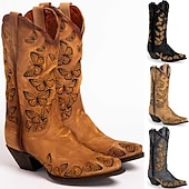 levne Cowboy &amp; Western Boots-dámské westernové kovbojské boty s motýlkovou výšivkou a naskládaným podpatkem – ideální pro nošení na ranči a festivaly