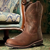 abordables Cowboy y botas occidentales-Hombre Botas Botas cowboy Vintage Clásico Exterior PU Color de árbol grande Marrón Invierno