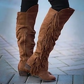 cheap Cowboy &amp; Western Boots-Women&#039;s Brown Suede Fringe Knee-High Boots with Buckle Straps - Western Style for Festivals, Casual Outings, and Outdoor Adventures