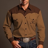 cheap Men&#039;s Western Shirts-Men&#039;s Cowboy Shirt Western Shirt Cowboy Shirt Long Sleeve Vintage Western Style Outdoor Street Casual Daily Fall &amp; Winter Turndown Buttons Print Brown khaki