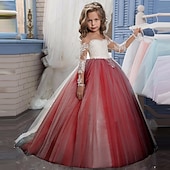 preiswerte Kleider für die Blumenmädchen-Blumenmädchenkleid Mädchen Prinzessinenkleid Kleid für die Erstkommunion Party Kleid Leistung Hochzeit Party Prinzessin Süß Gitter Feste Farbe Langarm Rundhalsausschnitt Weiß Elfenbein 2-12 Jahre
