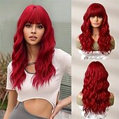 economico Parrucche trendy sintetiche-Parrucca rossa lunga 24 pollici con frangia per donna, parrucche ricce ondulate parrucche sostitutive dei capelli in fibra sintetica resistente al calore per cosplay festa di Halloween abbigliamento