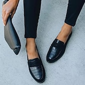 cheap Women&#039;s Slip-Ons &amp; Loafers-Black Casual Slip-On Loafers for Women – Comfortable Suede and Crocodile Pattern Design, Stylish Everyday Footwear