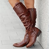 levne Slouch Boots-dámské semišové vysoké boty ke kolenům s přezkou - ležérní plochý podpatek pro každodenní i podzimní módu