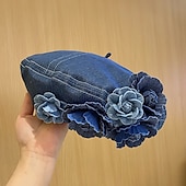 economico Cappelli-berretto berretto con decorazioni floreali vintage per donna berretti lavati in denim blu cappello ottagonale leggero cappelli classici da pittore