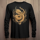 Golden Dragon Graphic Long Sleeve Men's T-Shirt Black Mythical Asian Design3