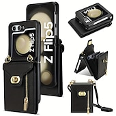 זול מארז סמסונג-טלפון מגן עבור סמסונג גלקסי Z Flip 7 Z Flip 6 Z Flip 5 Z Flip 4 Z Flip 3 מארז כרטיס ארנק רוכסן עם שרוך עור PU