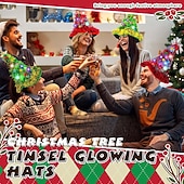 cheap Santa Hat &amp; Accessories-Christmas Hat 2 Pack Light Up Christmas Hats Funny Santa Hat with Tinsel 30 LED Colorful Lights Poms Christmas Costume Accessories for Adults Kids Xmas Tree Hat Holiday Party Theme Hats