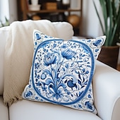 abordables style floral &amp; végétal-Taie d&#039;oreiller double face à fleurs sarcelle, taie d&#039;oreiller carrée décorative douce, pour chambre à coucher, salon, canapé, chaise, 1 pièce