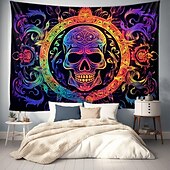 cheap Halloween Wall Tapestries-Halloween Blacklight Tapestry UV Reactive Glow in the Dark Glow Party Neon Skulls Totem Psychedelic Trippy Misty Hanging Tapestry Wall Art Mural for Living Room Bedroom