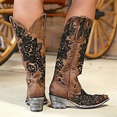 cheap Cowboy &amp; Western Boots-Women&#039;s Brown Western Cowboy Boots with Intricate Black Floral Lace Embroidery - Ideal for Country Weddings, Rustic Events, and Western-Themed Parties