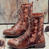 cheap Ankle Boots-Women&#039;s Vintage Floral Embroidered Lace-Up Ankle Boots - Bohemian Style Leather Boots with Side Zipper for Fall and Winter