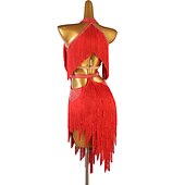 billiga Danskläder till latindans-dans salsa latinsk dansklänning tofs ren färg splitsning kvinnors prestationsträning ärmlös chinlon spandex