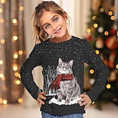 abordables Tops de Noël pour Enfants-Fille 3D Chat Tee-shirts Chemise manche longue 3D effet Automne Hiver Actif Mode Le style mignon Polyester Enfants 3-12 ans Col Ras du Cou Extérieur Casual du quotidien Standard