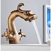 economico Classici-rubinetto per lavabo da bagno per vasca, novità stile lungo a forma di drago con montaggio esterno rubinetti per vasca da bagno alti con due maniglie e un foro in ottone antico
