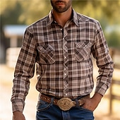 abordables chemises western pour hommes-Homme Plaid Chemise Chemise Western Chemise de cow-boy manche longue Rétro Vintage style occidental Usage quotidien Sortie Fin de semaine Automne hiver Col rabattu Poche Imprimer Bouton bas Noir