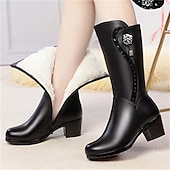 baratos Botas de neve e inverno-botas de inverno femininas pretas de cano médio com forro de pele sintética, enfeite de rosas e salto grosso – botas de neve quentes e elegantes
