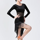 זול שמלות אימון-ריקוד לטיני שמלה פרנזים צבע טהור שחבור בגדי ריקוד נשים הצגה הדרכה שרוול ארוך גבוה Peluche