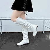 olcso Slouch Boots-női térdig érő gogo csizma - retro lapos sarkú divatcipő bulikra, fesztiválokra és mindennapi stílusra