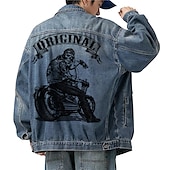 cheap Men&#039;s Graphic Jackets &amp; Coats-Men&#039;s Motorcycle Skulls Coat Jean Jacket Denim Jacket Breathable Comfortable Casual Sports &amp; Outdoor Going out Weekend Buttons Print Fall &amp; Winter Turndown Long Sleeve Black Blue