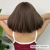 お買い得  トレンドの合成ウィッグ-ブラウン 14 インチ ボブ ショート ストレート ヘアウィッグ 前髪付き かわいい 合成繊維 女性用ウィッグ 毎日のハロウィーンパーティー コスプレ用 クリスマスパーティーウィッグ