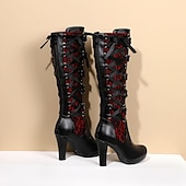 cheap Shoes For Women-Women&#039;s Gothic Lace-Up High Heel Knee-High Boots with Multiple Buckle Straps - Steampunk Style Black Leather Boots with Red Lace Detailing, Perfect for Cosplay and Halloween