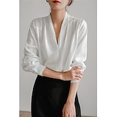 preiswerte Elegante Oberteile-Damen Hemd Bluse Glatt Täglich Geschäftlich Reifen Langarm V Ausschnitt Normale Oberteile Arbeit Weiß Marineblau Frühling &amp; Herbst
