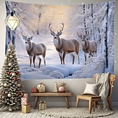 cheap Landscape Tapestry-Winter Wonderland Hanging Tapestry Wall Art Large Tapestry Mural Decor Photograph Backdrop Blanket Curtain Home Bedroom Living Room Decoration Snow Reindeer