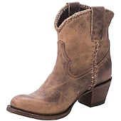 levne Biker Boots-pánské vintage hnědé kotníkové westernové boty z umělé kůže - nouzový povrch s vypletenými detaily, pohodlný blokový podpatek pro běžné i venkovní nošení
