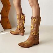 tanie Kowboj i zachodnie buty-damskie kowbojskie buty w stylu western z haftem słonecznika – vintage&#039;owe buty festiwalowe ze sztucznej skóry z paskiem na festiwale muzyczne i do noszenia na co dzień