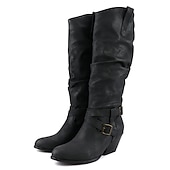 olcso Slouch Boots-női nyúlós, térdig érő csizma csatos pánttal és egymásra rakott sarokkal, sokoldalú alkalmi lábbeli, többféle színben elérhető őszre és télre