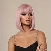 economico Parrucche trendy sintetiche-Parrucche bionde diritte lunghe 14 pollici parrucche sintetiche con frangia parrucche da donna per l&#039;uso quotidiano parrucche per feste di Natale