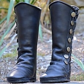 abordables Botas vintage-Botas altas medievales con cordones marrones para mujer: botas vintage de piel sintética con botones decorativos para cosplay, ferias renacentistas y recreaciones históricas