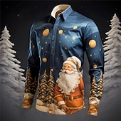 billiga Jultomtens outfit-Herr jultomten Julgran Skjorta Långärmad Ledigt Jul Dagliga kläder Utekväll Höst vinter Nedvikt Mönster Button-Down Grå+Purpur Gul Rubinrött Mörk marin Kungsblå