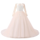 preiswerte Kleider für die Blumenmädchen-Blumenmädchenkleid Mädchen Prinzessinenkleid Kleid für die Erstkommunion Party Kleid Leistung Hochzeit Party Prinzessin Süß Gitter Feste Farbe Langarm Rundhalsausschnitt Weiß Elfenbein 2-12 Jahre