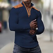 cheap Basic T shirts-Men&#039;s Waffle Tee Waffle Shirt T Shirt Tee Top Long Sleeve Standing Collar Spring &amp;  Fall Color Block Fashion Designer Basic Patchwork Quarter Zip Vacation Street Going out Black White Navy Blue Top