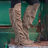 cheap Cowboy &amp; Western Boots-Women&#039;s Brown Suede Fringe Knee-High Boots with Buckle Straps - Western Style for Festivals, Casual Outings, and Outdoor Adventures