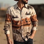 Men's Cowboy Shirt Western Shirt Cowboy Shirt Long Sleeve Vintage Western Style Outdoor Street Casual Daily Fall & Winter Turndown Buttons Print khaki3