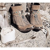 levne Cowboy &amp; Western Boots-dámské boho třásňové kotníkové boty s kouzlem lapače snů, ideální na festivalové nošení i běžné outfity