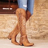 levne Cowboy &amp; Western Boots-dámské hnědé vyšívané šněrovací kovbojské boty nad kolena, westernový styl pro ležérní outfity a country akce