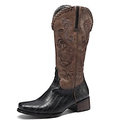 levne Cowboy &amp; Western Boots-pánské westernové kovbojské boty – hnědá umělá kůže s vyšívanými vzory a krokodýlí texturou pro vintage styl