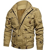 cheap Sport Jacket-Men&#039;s Winter Jacket Winter Coat Work Jacket Outdoor Street Windproof Warm Drawstring Winter Solid Colored Fashion Keep Warm Stand Collar Regular Cotton Fleece Black Army Green Khaki Jacket