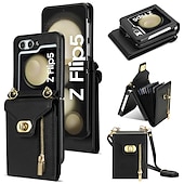זול מארז סמסונג-טלפון מגן עבור סמסונג גלקסי Z Flip 7 Z Flip 6 Z Flip 5 Z Flip 4 Z Flip 3 מארז כרטיס ארנק רוכסן עם שרוך עור PU