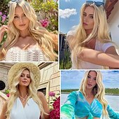 cheap Synthetic Trendy Wigs-Long Platinum Blonde Wig  28 Inch Natural Wavy Blonde Wig Middle Part Blonde Wig Synthetic Hair Blonde Wigs For Women