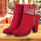 abordables Botines-Botines de ante rojo para mujer con adornos de pedrería y tacones anchos: calzado festivo navideño para fiestas y días festivos