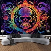 cheap Halloween Wall Tapestries-Halloween Blacklight Tapestry UV Reactive Glow in the Dark Glow Party Neon Skulls Totem Psychedelic Trippy Misty Hanging Tapestry Wall Art Mural for Living Room Bedroom