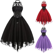 cheap Dresses-Women&#039;s Sleeveless Gothic Dress with Corset Halter Lace Swing Cocktail Dress Tulle Dress Formal Casual Halloween Punk Hippie Dresses